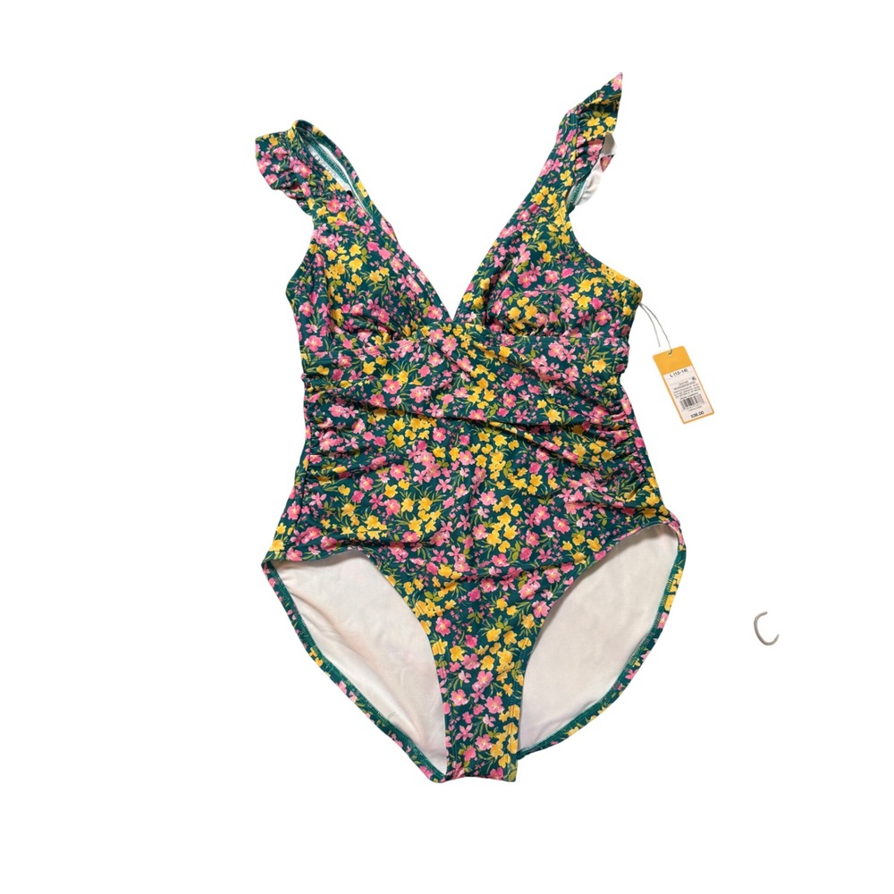 NWT Kona Sol Women Swim Suit SZ Large 12/14 One Piece Emerald Green Pink Floral
